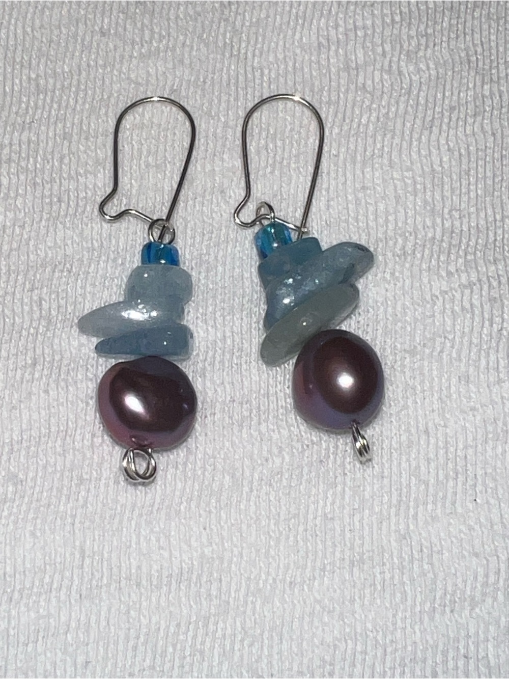 Hand Crafted Blue Glass and Purple Pearl Dangle Earrings
